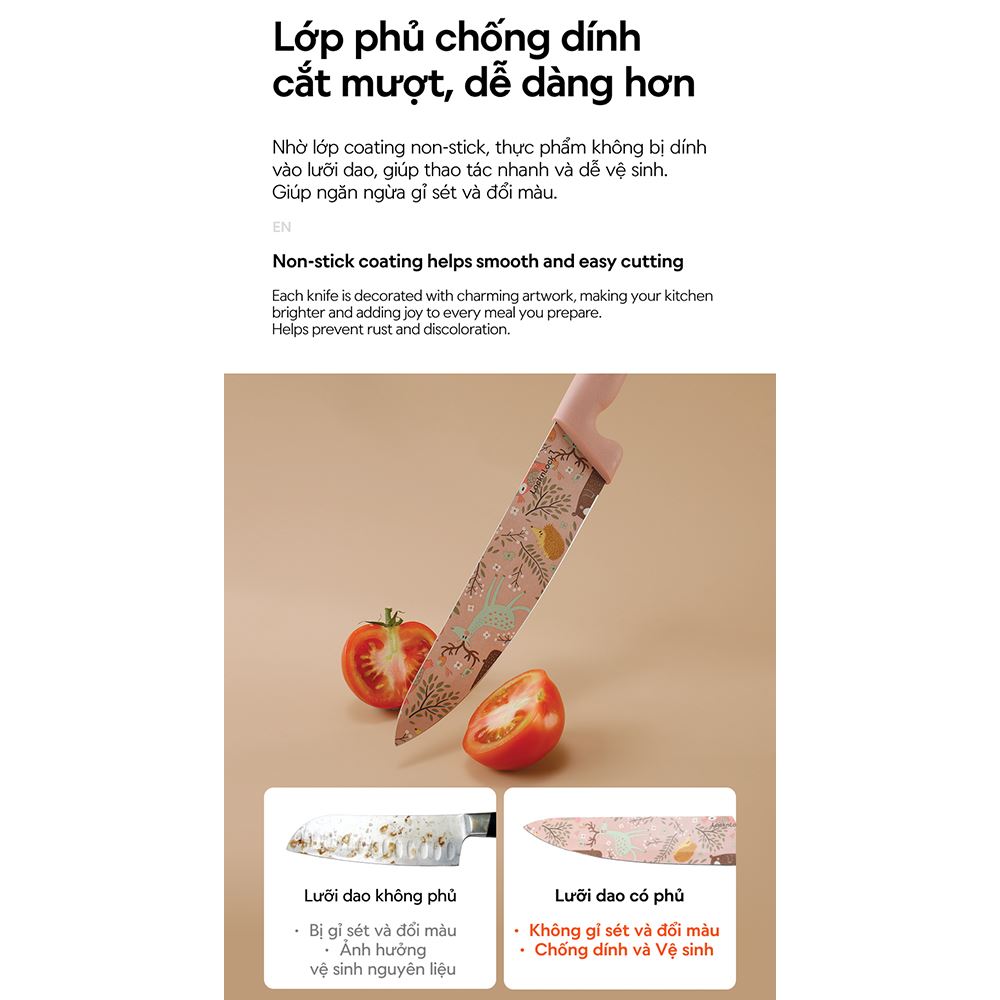 Bộ dao thép không gỉ Lock&Lock CKK308S3 Màu Hồng