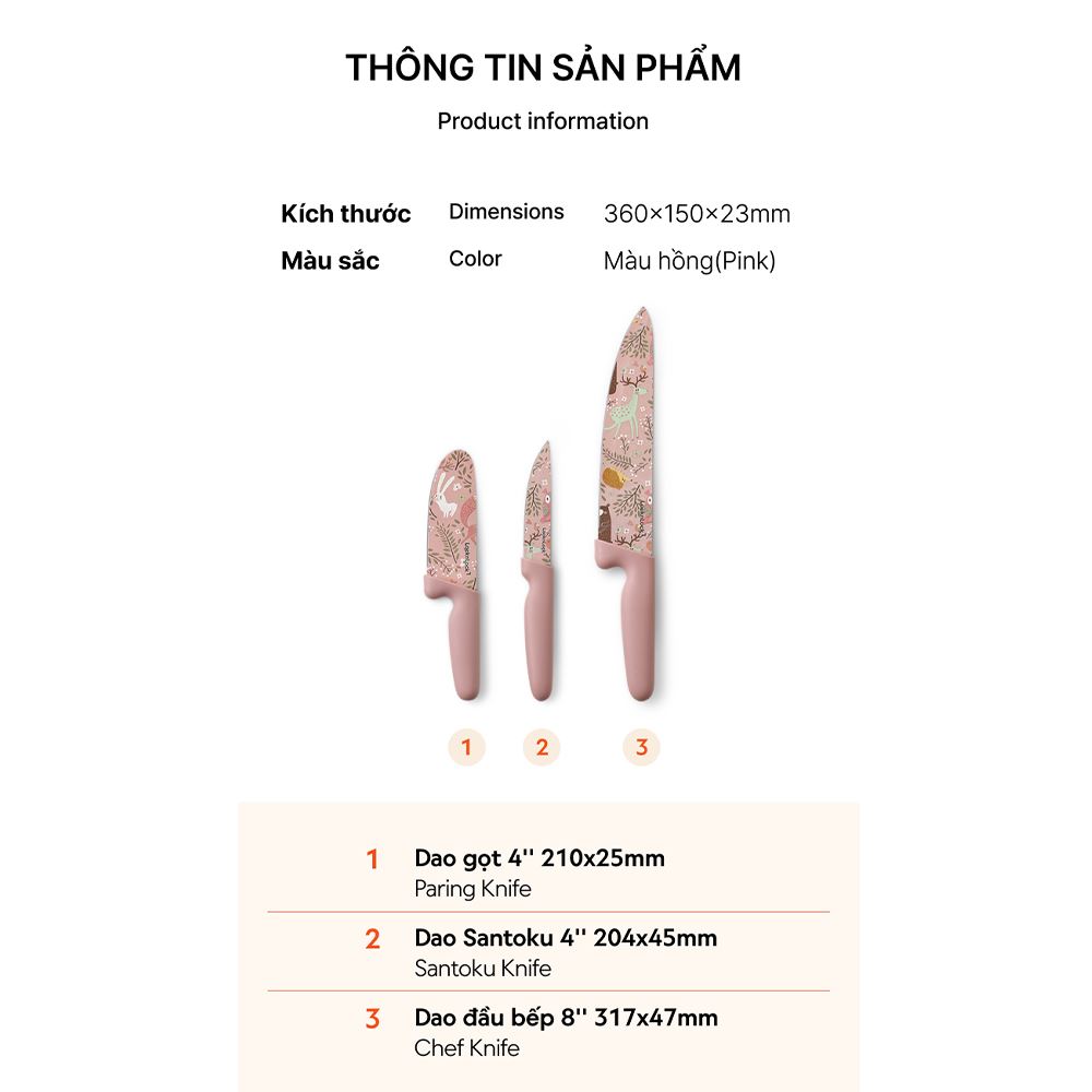 Bộ dao thép không gỉ Lock&Lock CKK308S3 Màu Hồng