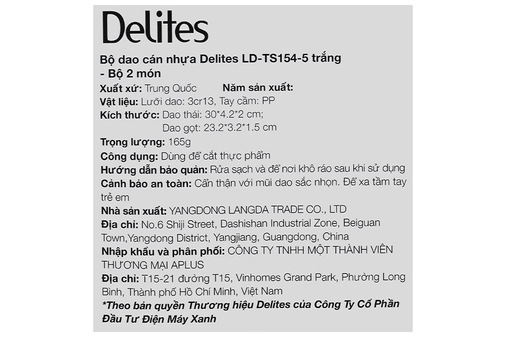 Bộ dao cán nhựa Delites LD-TS154-5 Màu Trắng