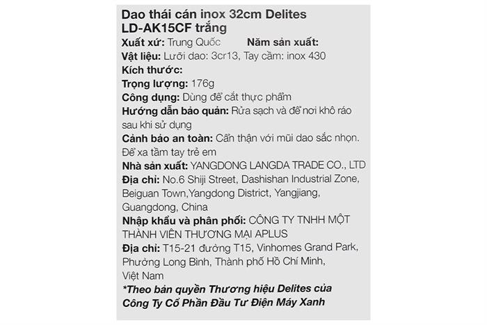 Dao thái cán inox Delites LD-AK15CF Màu Trắng
