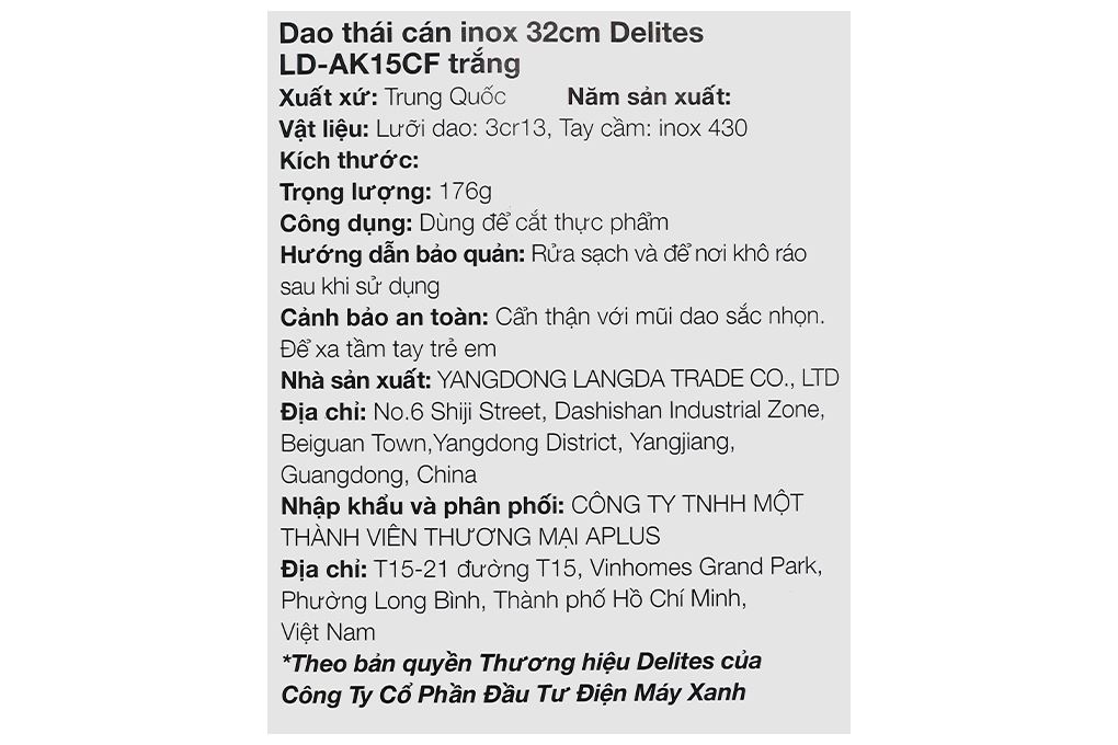 Dao thái cán inox Delites LD-AK15CF Màu Trắng