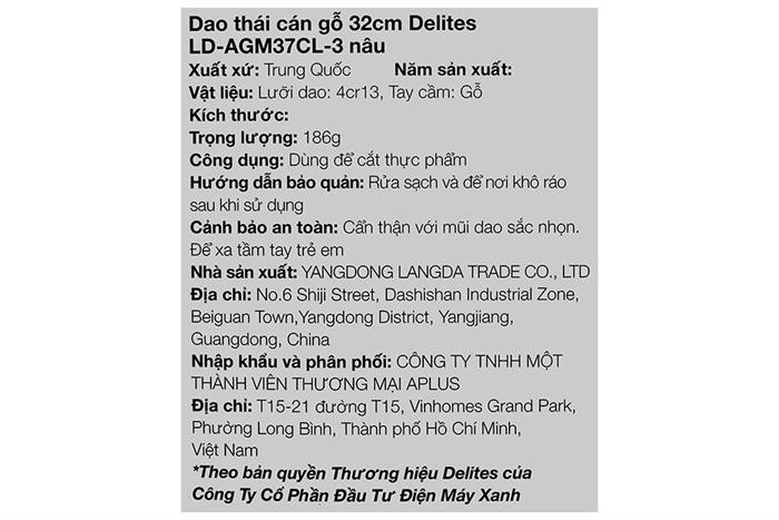Dao thái cán gỗ Delites LD-AGM37CL-3 Màu Nâu
