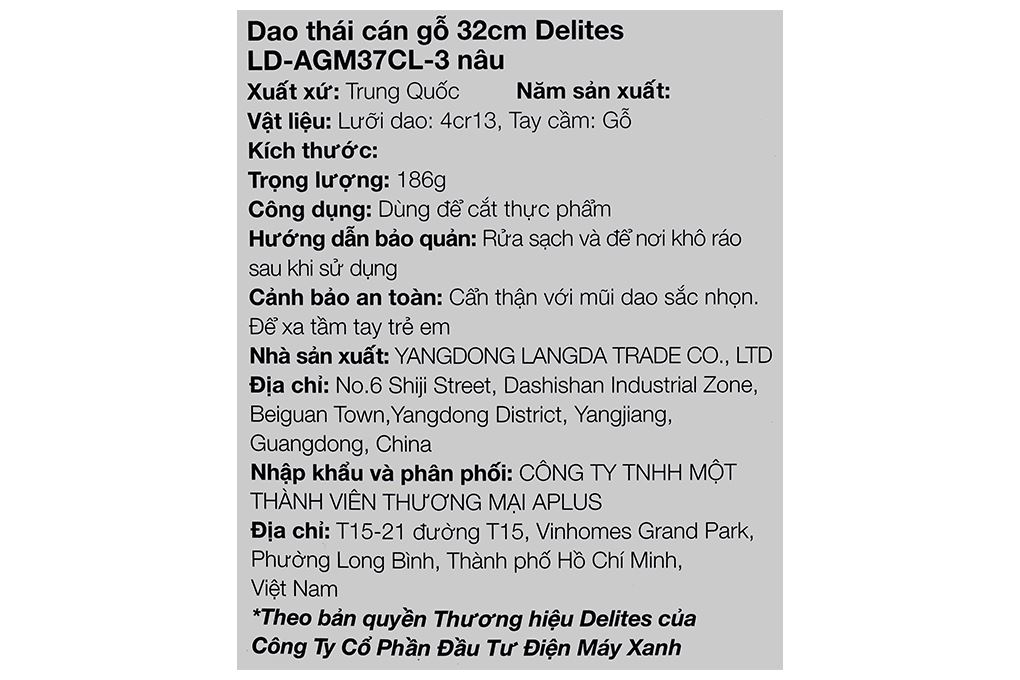 Dao thái cán gỗ Delites LD-AGM37CL-3 Màu Nâu