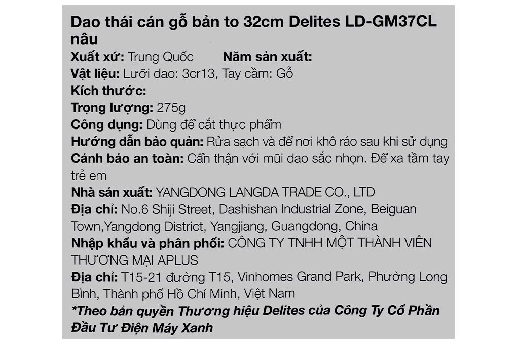 Dao thái cán gỗ Delites LD-GM37CL Màu Nâu