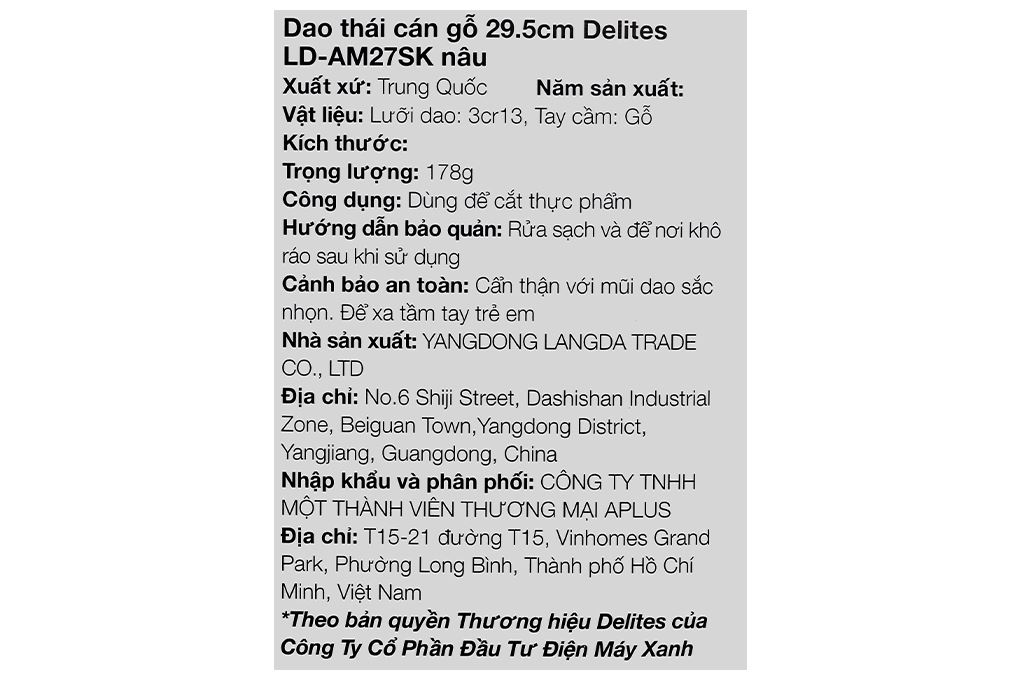 Dao thái cán gỗ Delites LD-AM27SK Màu Nâu