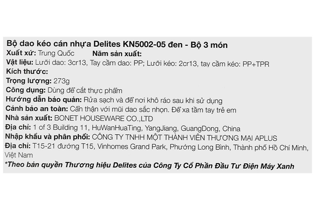 Bộ dao kéo cán nhựa Delites KN5002-05 Màu Đen