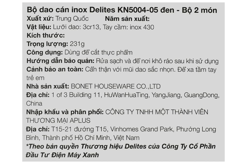 Bộ dao cán inox Delites KN5004-05 Màu Đen