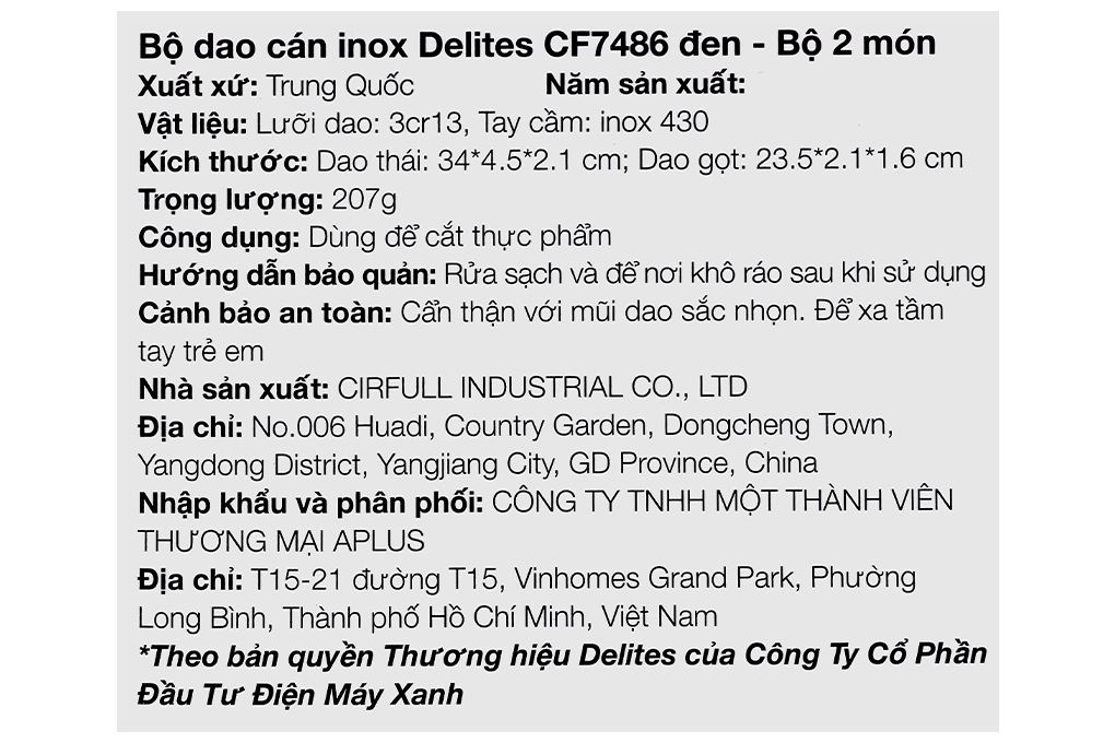 Bộ dao cán inox Delites CF7486 Màu Đen