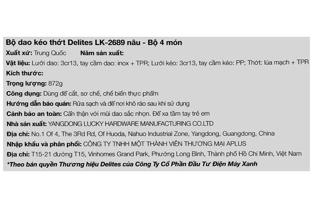 Bộ dao kéo thớt Delites LK-2689 Màu Nâu