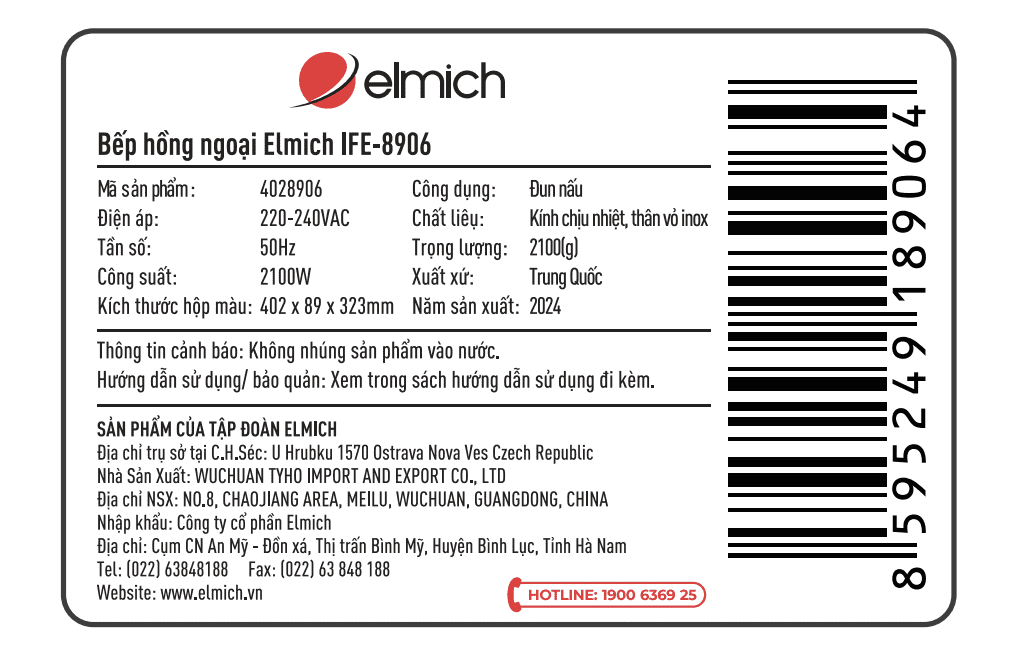 Bếp hồng ngoại đơn Elmich IFE-8906 2100W Màu Đen