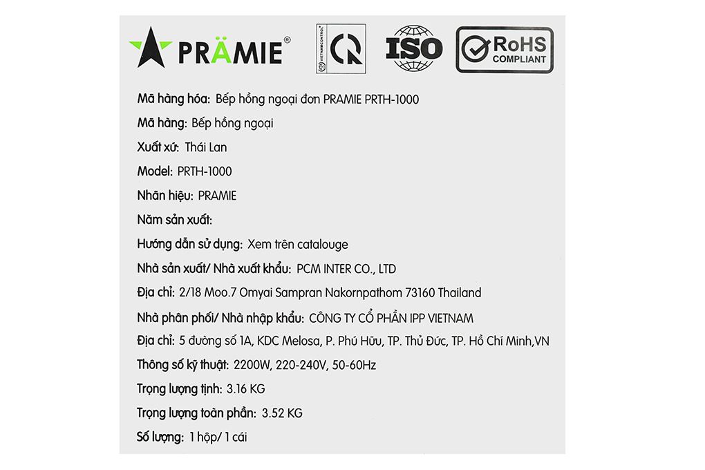 Bếp hồng ngoại đơn Pramie PRTH-1000 2200W Màu Đen