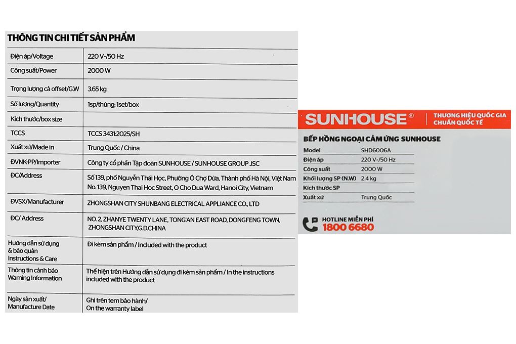 Bếp hồng ngoại đơn Sunhouse SHD6006A 2000W Màu Đen/Trắng