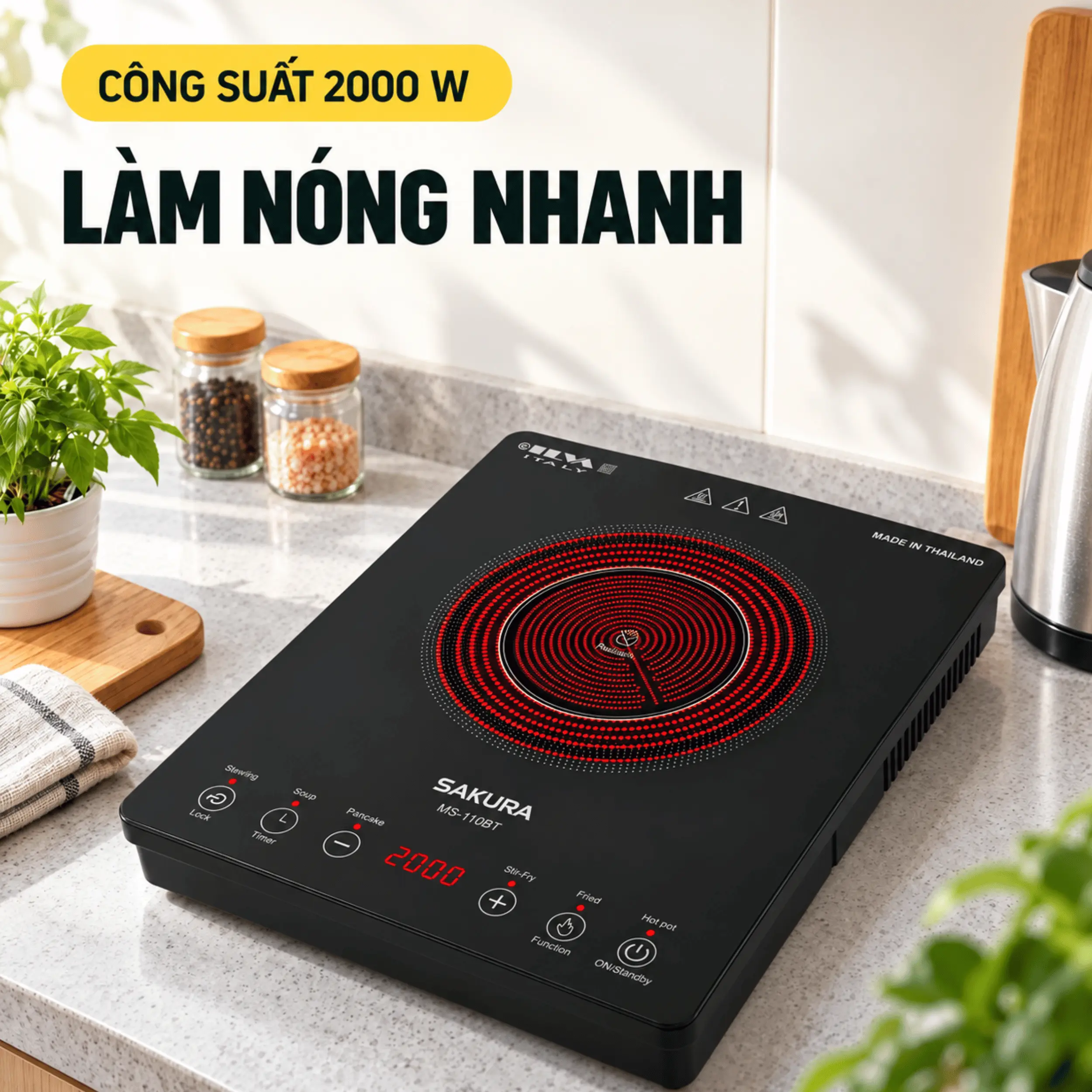 Bếp hồng ngoại đơn Sakura MS-110BT 2000W Màu Đen
