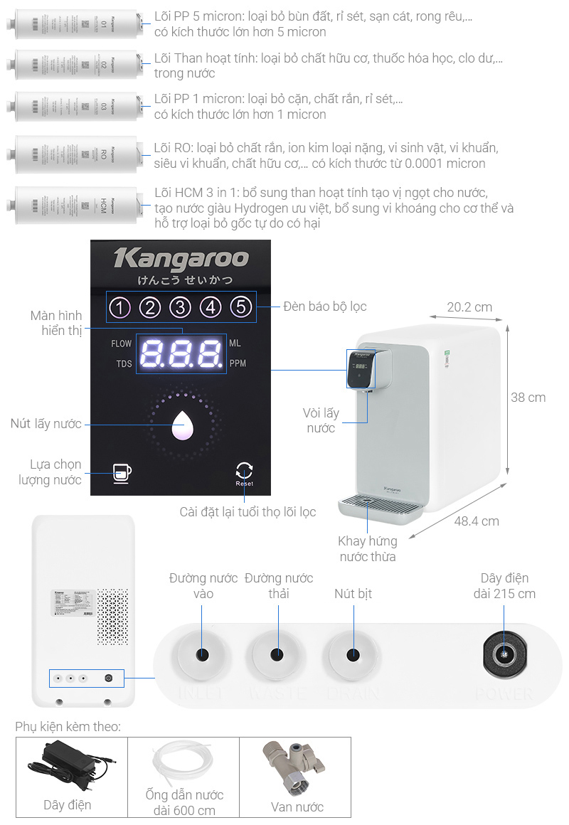 Máy lọc nước RO Hydrogen Kangaroo KG400HD 5 lõi