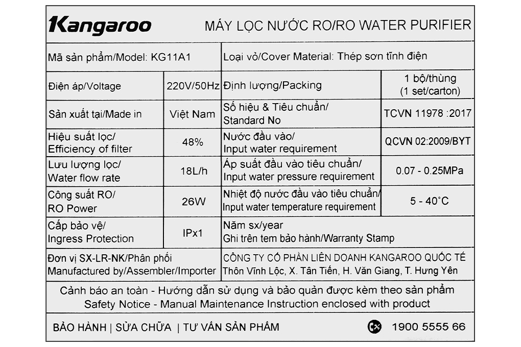 Máy lọc nước RO Hydrogen Kangaroo KG11A1 11 lõi Màu Đen