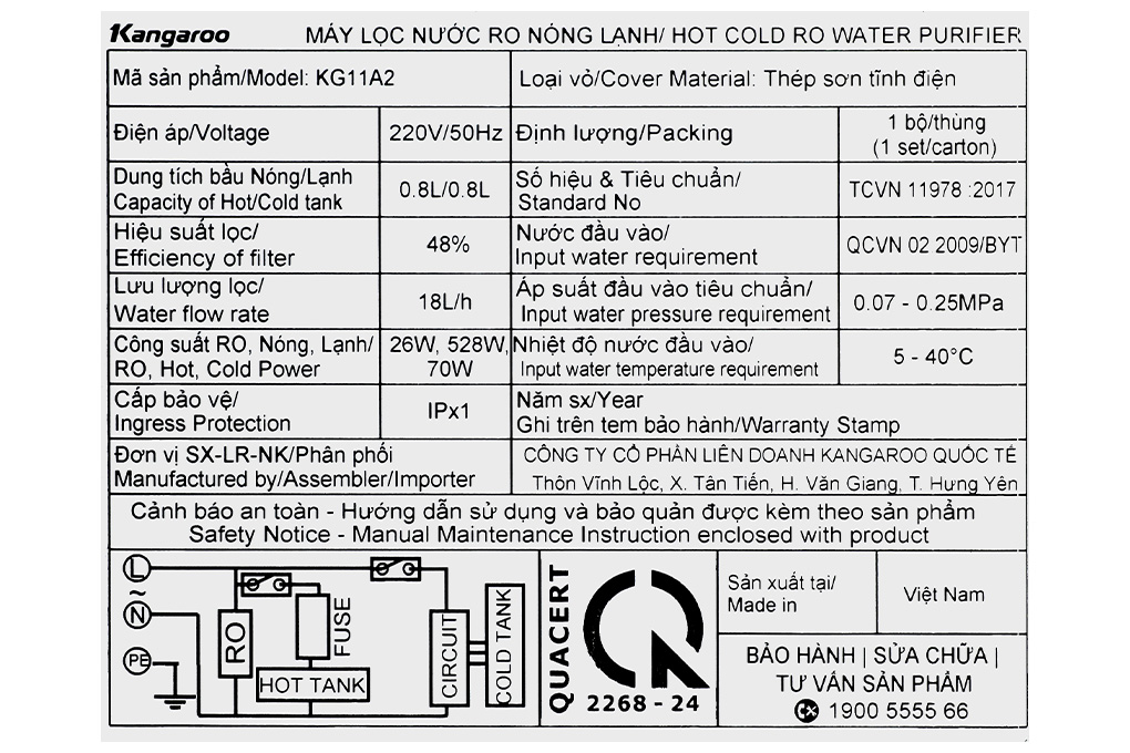 Máy lọc nước RO nóng nguội lạnh Hydrogen Kangaroo KG11A2 11 lõi Màu Đen