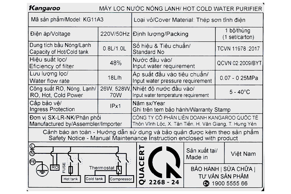 Máy lọc nước RO nóng nguội lạnh Hydrogen Kangaroo KG11A3 11 lõi Màu Đen