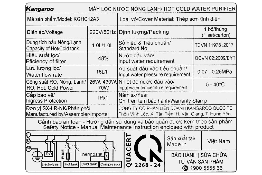 Máy lọc nước RO nóng nguội lạnh Hydrogen ion kiềm Kangaroo Sumire KGHC12A3 12 lõi Màu Đen