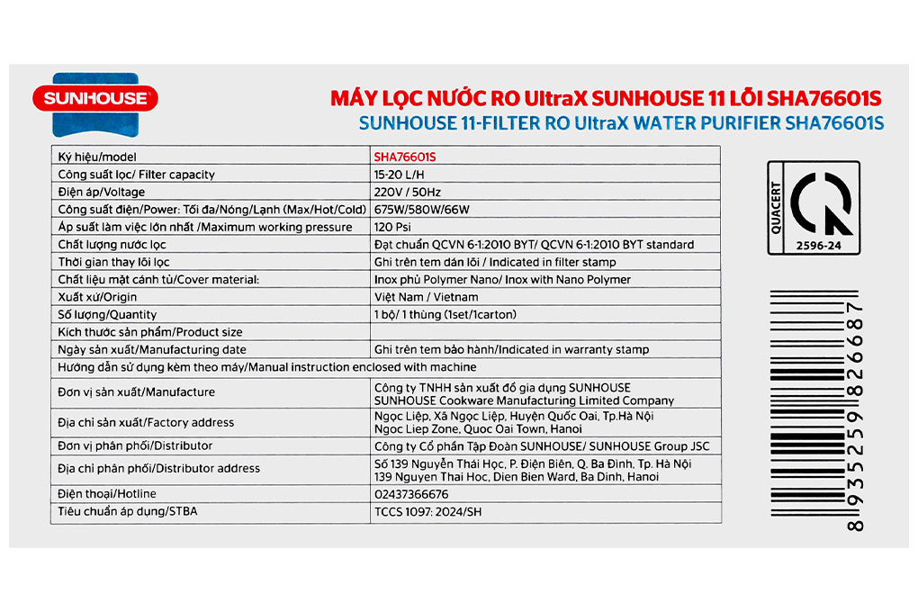 Máy lọc nước RO nóng nguội lạnh Hydrogen Sunhouse UltraX SHA76601S 11 lõi Màu Xám