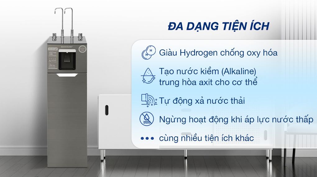 Máy lọc nước RO nóng nguội lạnh Hydrogen Sunhouse UltraX SHA76658SH 11 lõi - Tiện ích Máy lọc nước RO nóng nguội lạnh Hydrogen Sunhouse UltraX SHA76658SH 11 lõi - Tiện ích