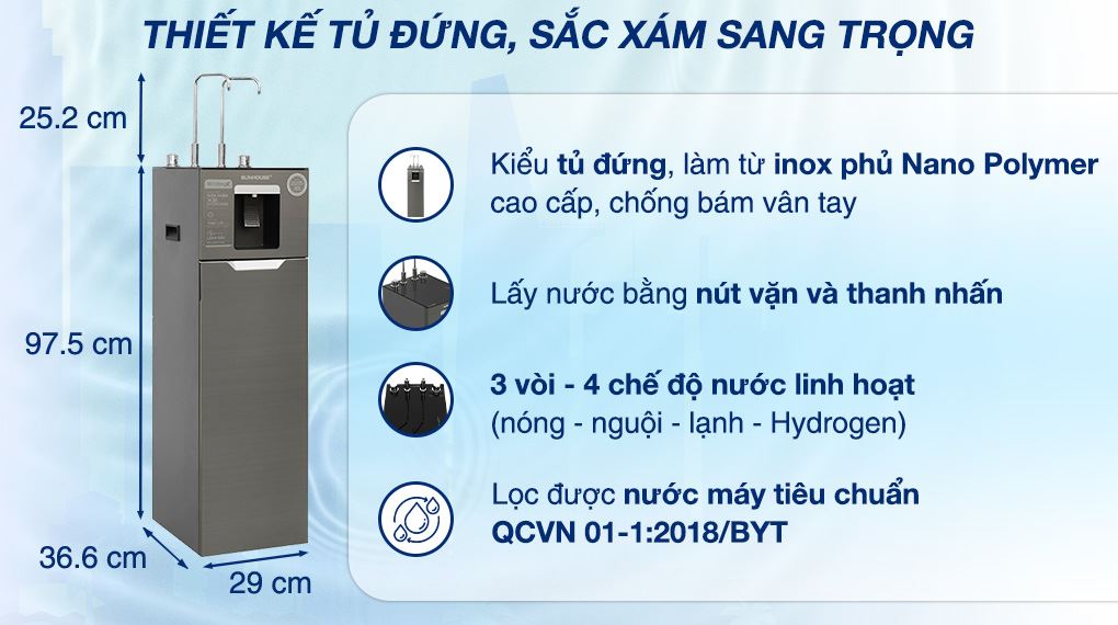 Máy lọc nước RO nóng nguội lạnh Hydrogen Sunhouse UltraX SHA76668SH 11 lõi - Thiết kế