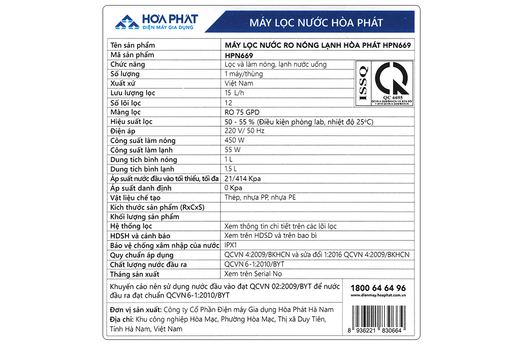 Máy lọc nước RO nóng nguội lạnh Hydrogen Hòa Phát HPN669 12 lõi Màu Đen