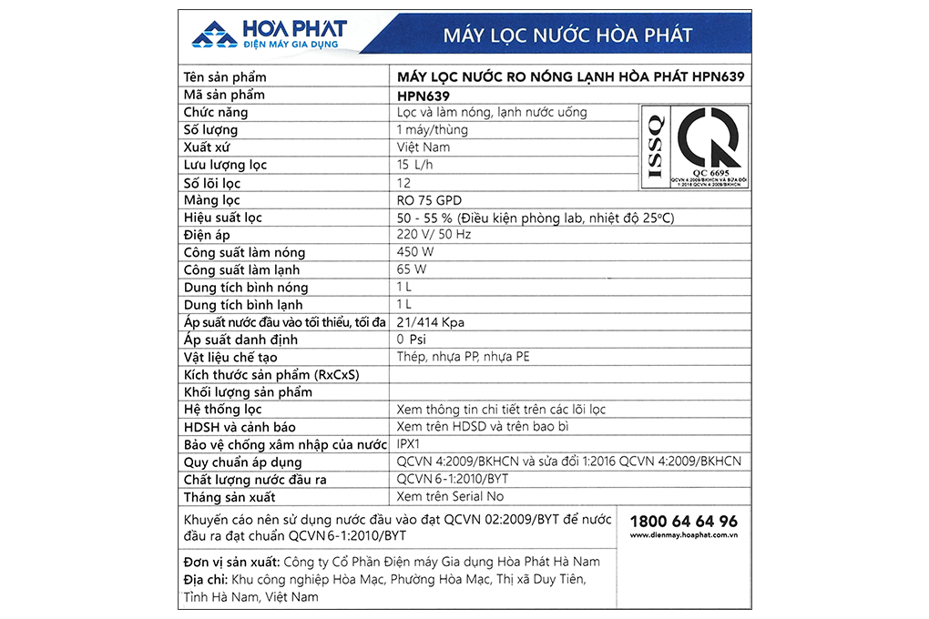 Máy lọc nước RO nóng nguội lạnh Hydrogen Hòa Phát HPN639 12 lõi Màu Đen