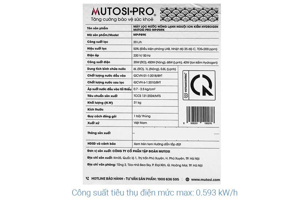 Máy lọc nước RO nóng nguội lạnh Hydrogen ion kiềm Mutosi MP-P89K 9 lõi Màu Trắng - Đen