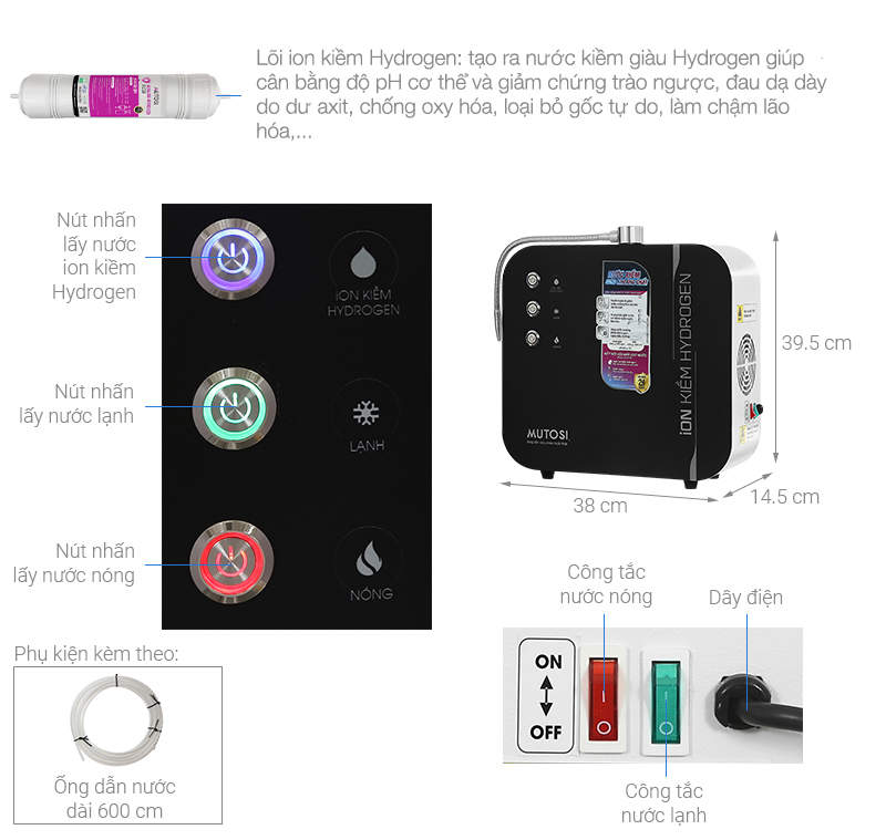 Máy chuyển đổi nước RO tạo nước nóng lạnh Hydrogen ion kiềm Mutosi MD-199H 1 lõi