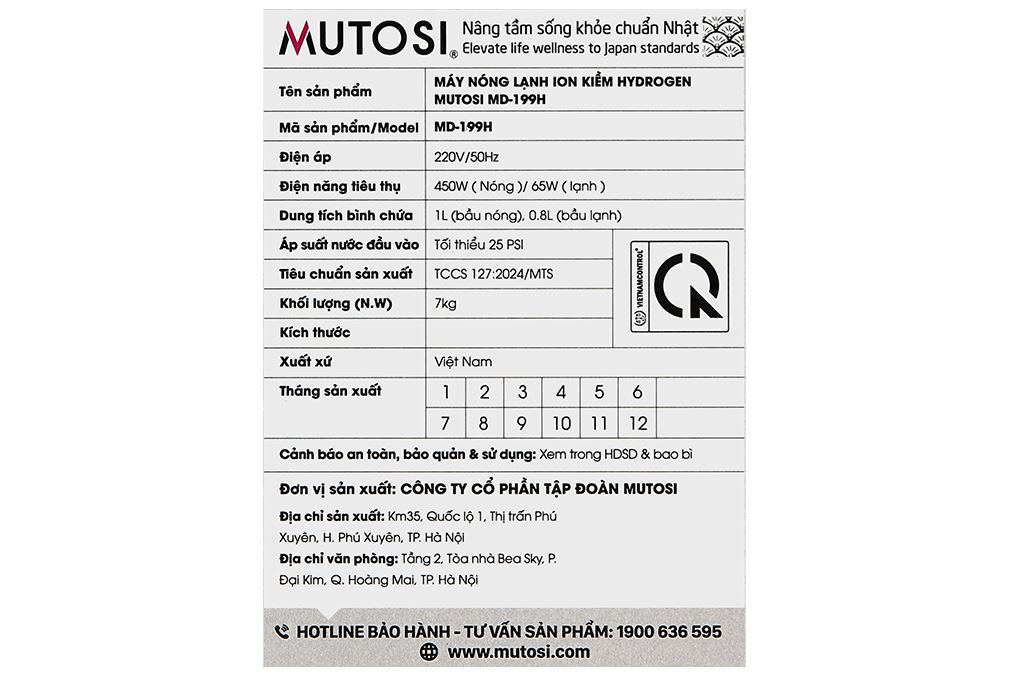 Máy chuyển đổi nước RO tạo nước nóng lạnh Hydrogen ion kiềm Mutosi MD-199H 1 lõi Màu Trắng - Đen