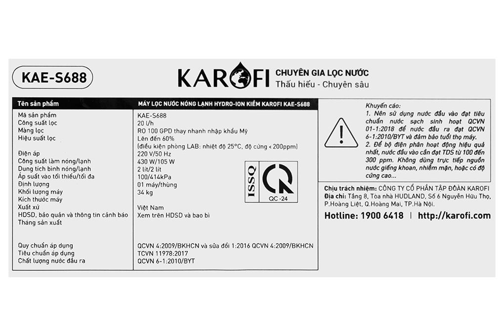 Máy lọc nước RO nóng nguội lạnh Hydrogen ion kiềm Karofi KAE-S688 12 lõi Màu Đen