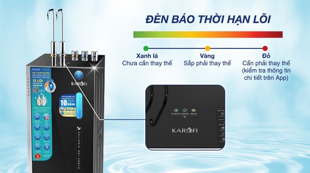Máy lọc nước RO nóng nguội lạnh Hydrogen ion kiềm Karofi KAE-S688 12 lõi - Đèn báo thay lõi