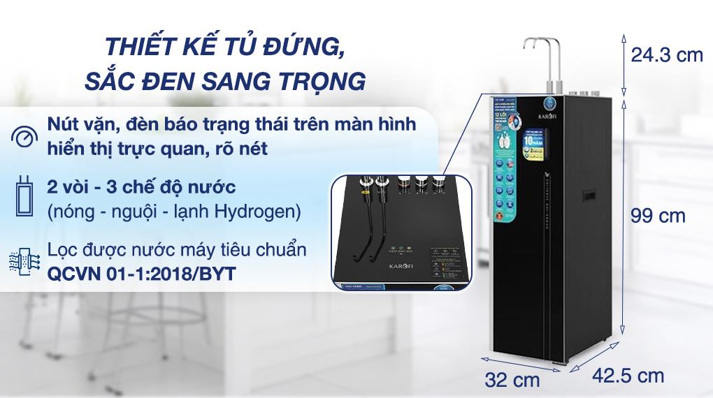 Máy lọc nước RO nóng nguội lạnh Hydrogen ion kiềm Karofi KAE-S688 12 lõi - Thiết kế