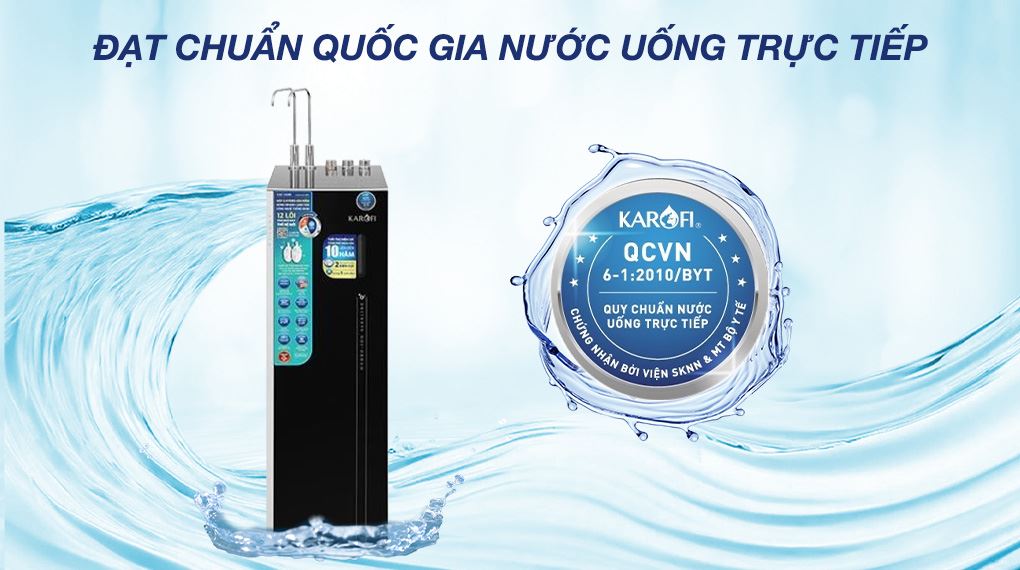 Máy lọc nước RO nóng nguội lạnh Hydrogen ion kiềm Karofi KAE-S688 12 lõi - Chứng nhận nước