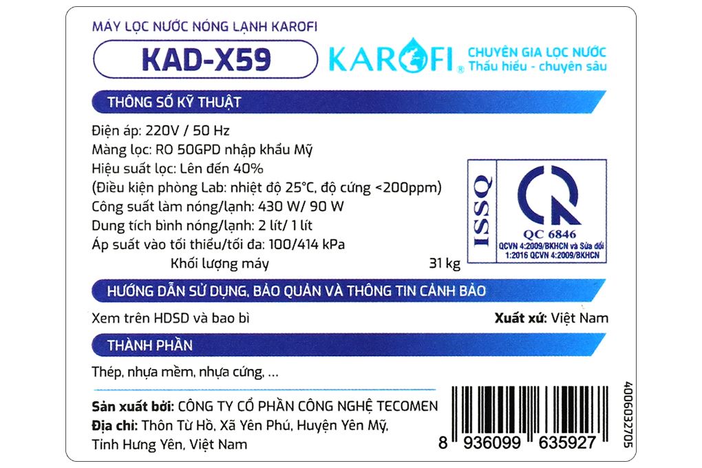 Máy lọc nước RO nóng nguội lạnh Hydrogen Karofi KAD-X59 12 lõi Màu Đen