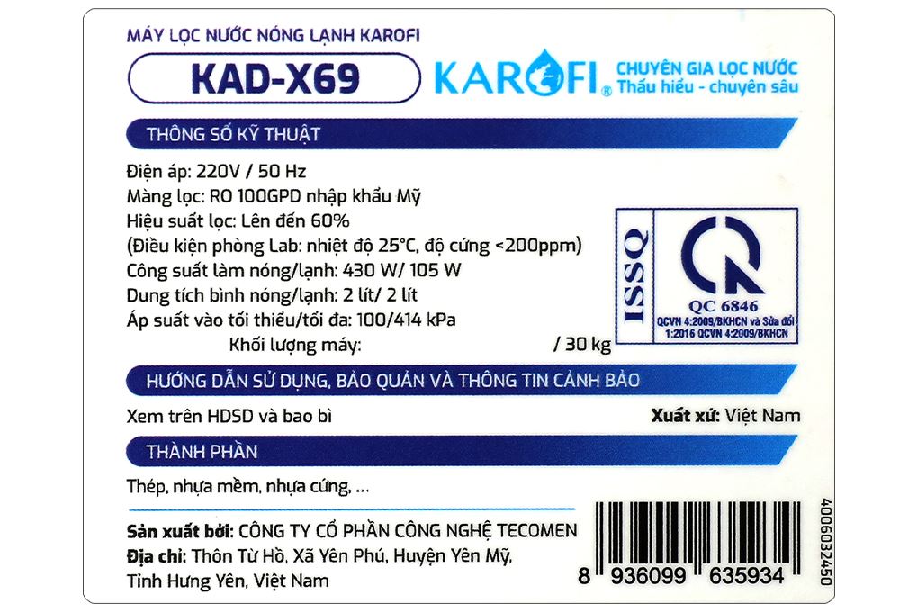 Máy lọc nước RO nóng nguội lạnh Hydrogen Karofi KAD-X69 12 lõi Màu Đen