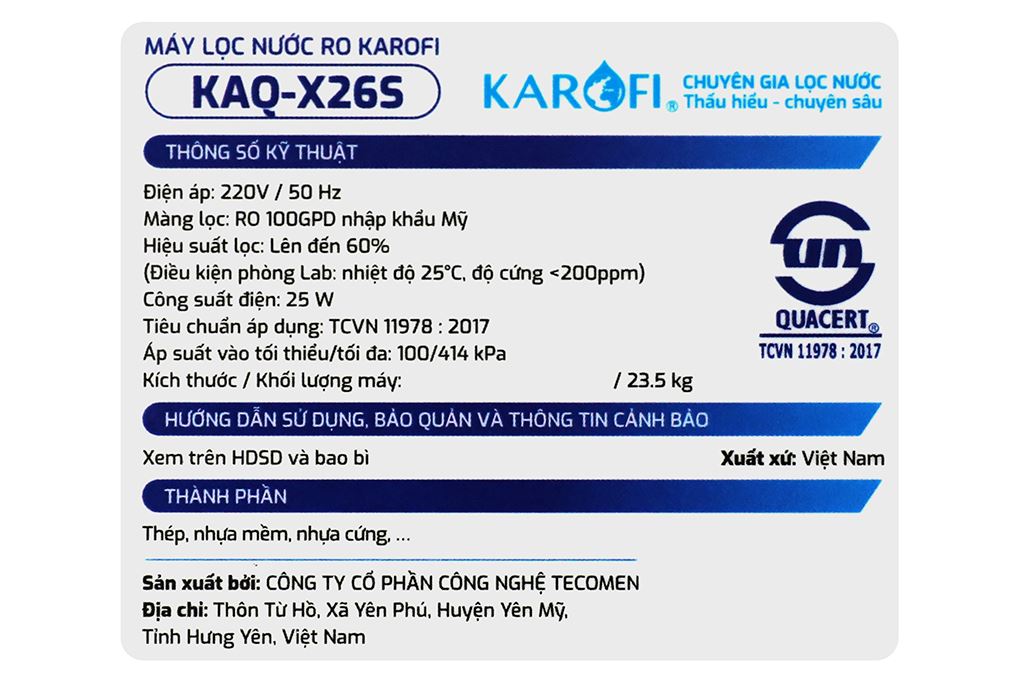 Máy lọc nước RO Hydrogen Karofi KAQ-X26S 12 lõi Màu Đen
