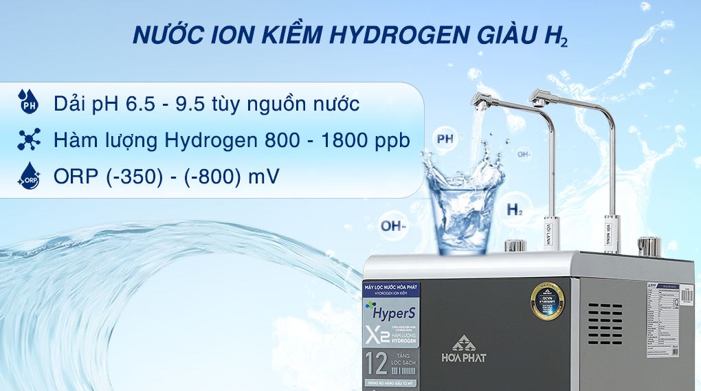 Máy lọc nước RO nóng nguội lạnh Hydrogen ion kiềm Hòa Phát HPA886 12 lõi - Điện phân Máy lọc nước RO nóng nguội lạnh Hydrogen ion kiềm Hòa Phát HPA886 12 lõi - Điện phân