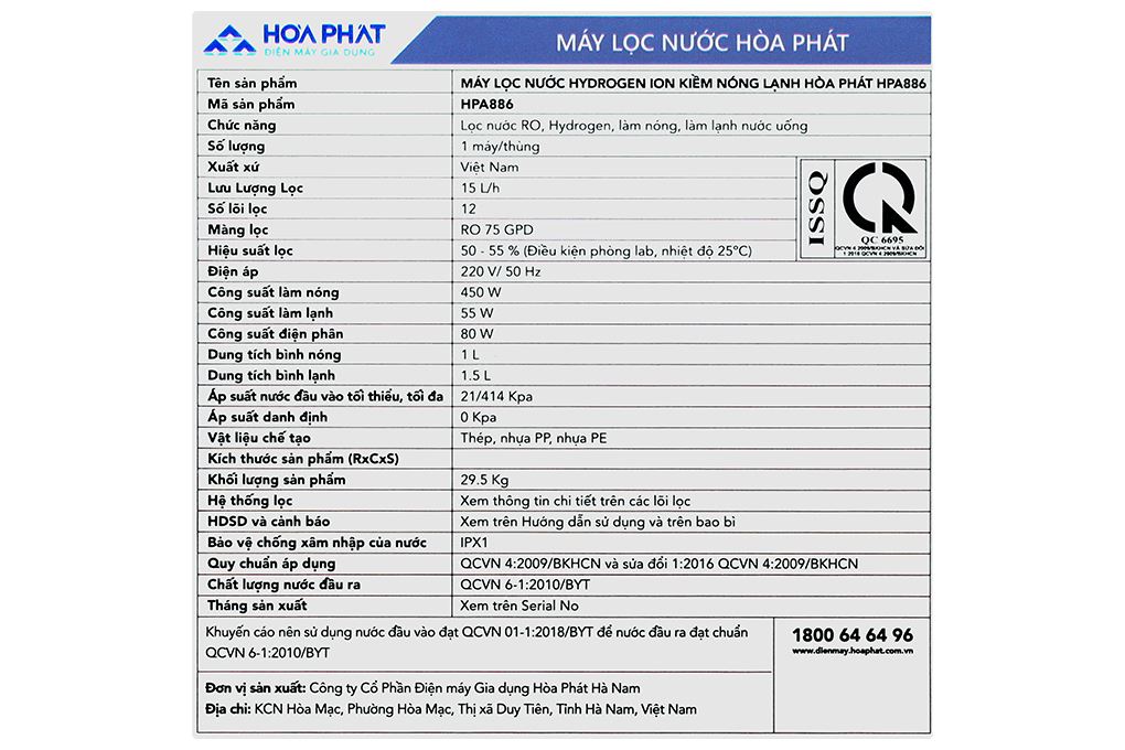 Máy lọc nước RO nóng nguội lạnh Hydrogen ion kiềm Hòa Phát HPA886 12 lõi Màu Xám đậm
