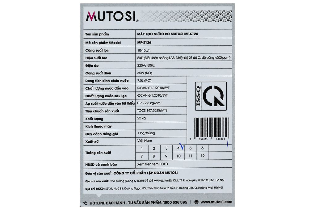 Máy lọc nước RO Mutosi MP-S126 10 lõi Màu Đen