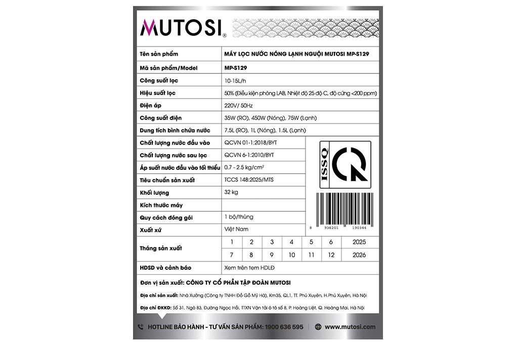 Máy lọc nước RO nóng nguội lạnh Mutosi MP-S129 10 lõi - 12
