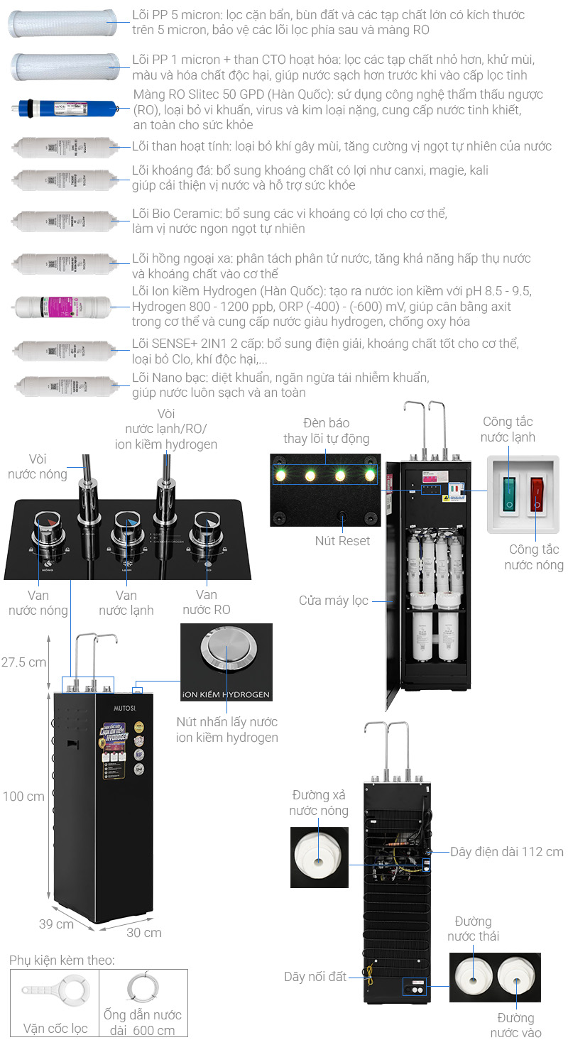 Máy lọc nước RO nóng nguội lạnh Hydrogen ion kiềm Mutosi MP-S129H 10 lõi