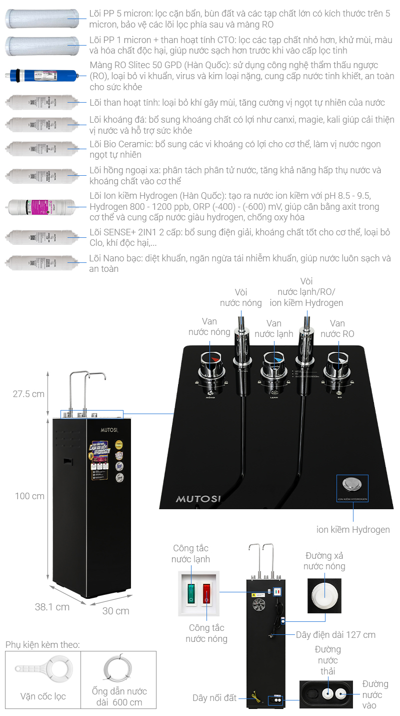 Máy lọc nước RO nóng nguội lạnh Hydrogen ion kiềm Mutosi MP-S128H 10 lõi