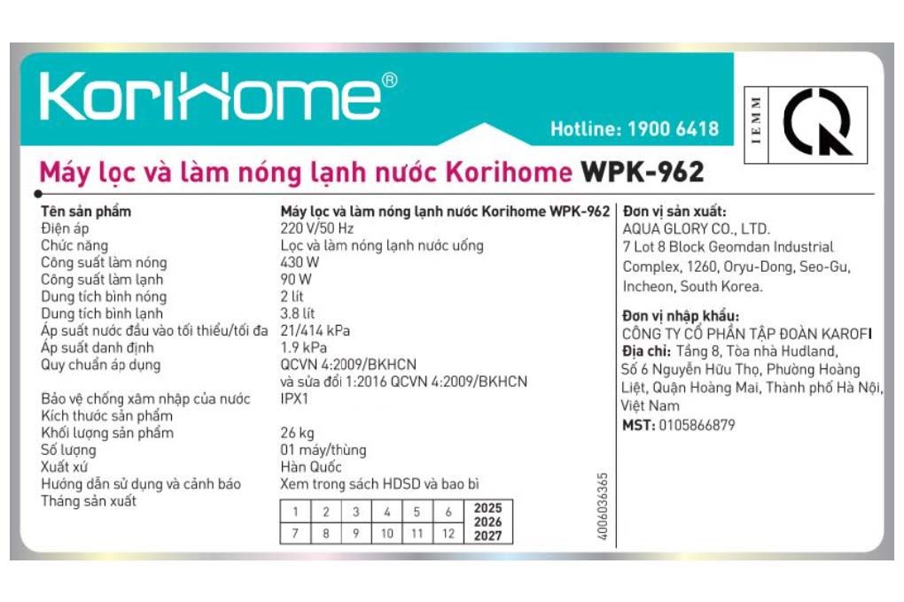 Máy lọc nước RO nóng lạnh Korihome WPK-962 12 lõi - 10