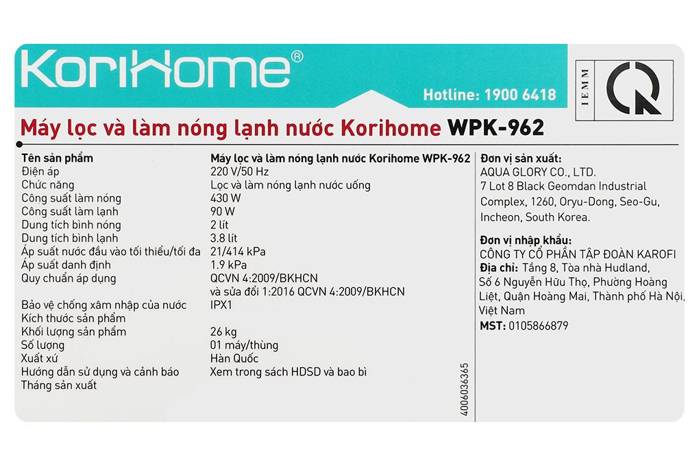 Máy lọc nước RO nóng lạnh Korihome WPK-962 12 lõi Màu Trắng