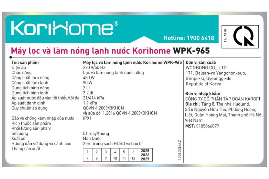 Máy lọc nước RO nóng lạnh Korihome WPK-965 12 lõi - 12