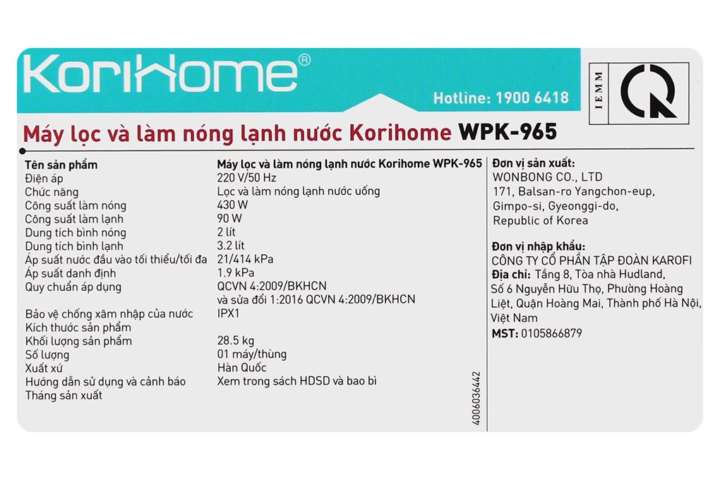 Máy lọc nước RO nóng lạnh Korihome WPK-965 12 lõi Màu Trắng