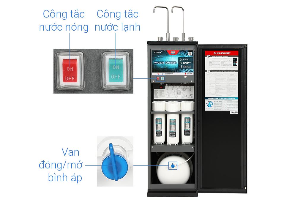 Máy lọc nước RO nóng nguội lạnh Hydrogen Sunhouse UltraX SHA76656LA 12 lõi Màu Đen