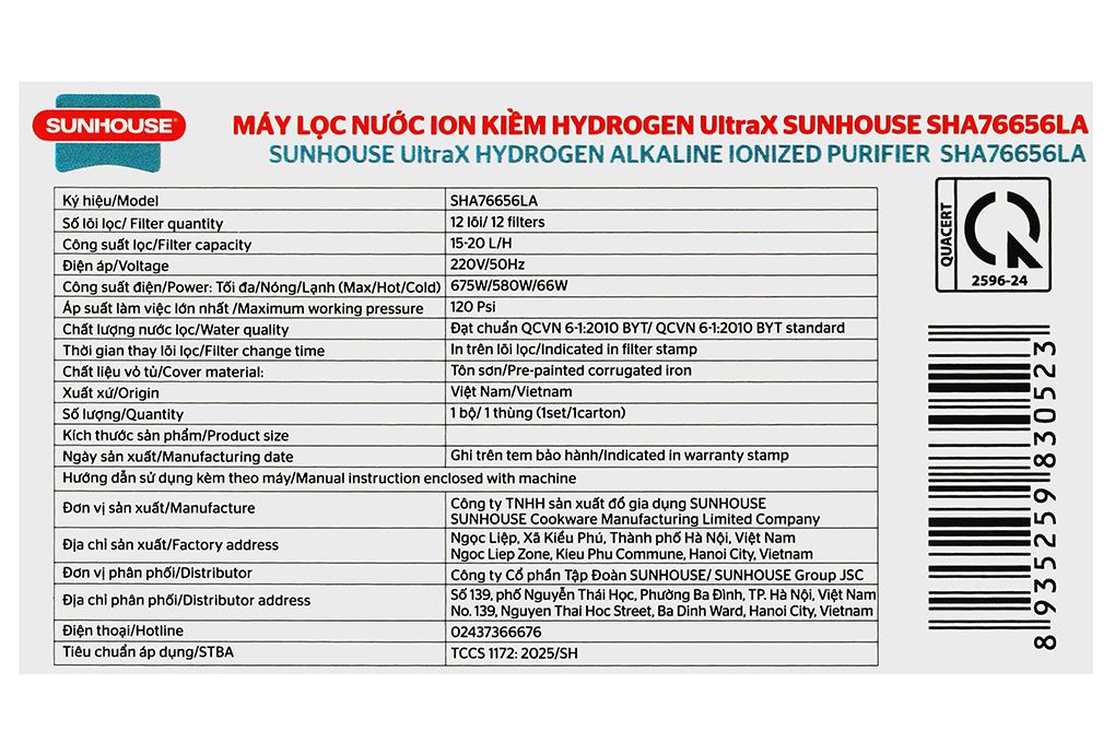 Máy lọc nước RO nóng nguội lạnh Hydrogen Sunhouse UltraX SHA76656LA 12 lõi Màu Đen