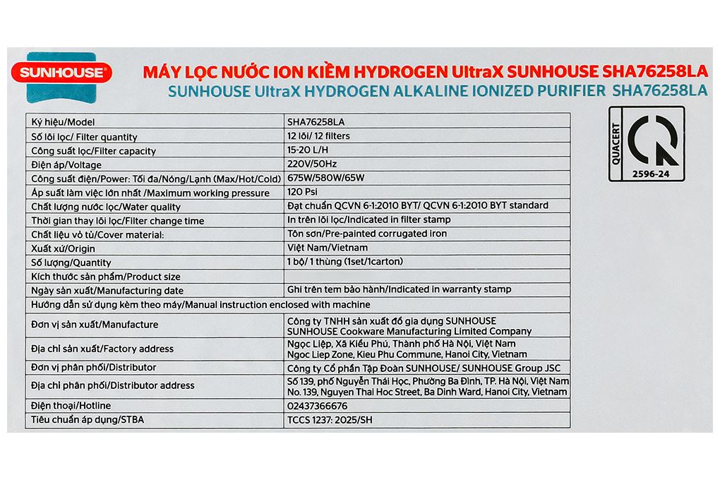Máy lọc nước RO nóng nguội lạnh Hydrogen ion kiềm Sunhouse UltraX SHA76258LA 12 lõi Màu Đen